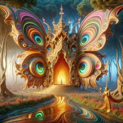 The primary subject of the image is a large, colorful butterfly with a peacock-like appearance. The butterfly is situated in a forest setting, surrounded by trees and a path. The visual style of the image is a digital art or illustration, with a vibrant and lively atmosphere. The dominant colors in the image include shades of green, pink, and yellow, creating a sense of natural beauty and tranquility.